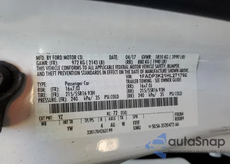 2017 Ford Focus Se z USA, uszkodzony, nr VIN 1FADP3K21HL271792